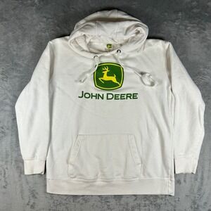 John Deere Womens White Logo Hoodie Pullover Sweatshirt Size M